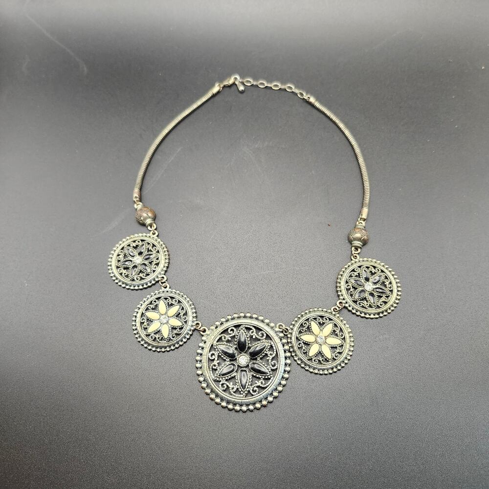 Statement Bib Necklace Antique Silver Tone Black Cream Floralā Medallion Boho